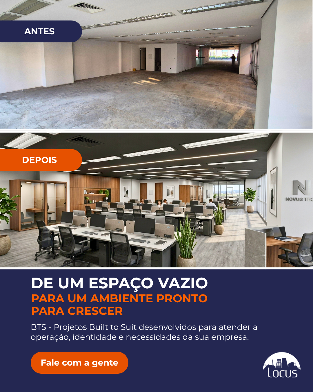 Antes e depois — de um espaço vazio para um ambiente pronto para crescer, projeto Built to Suit